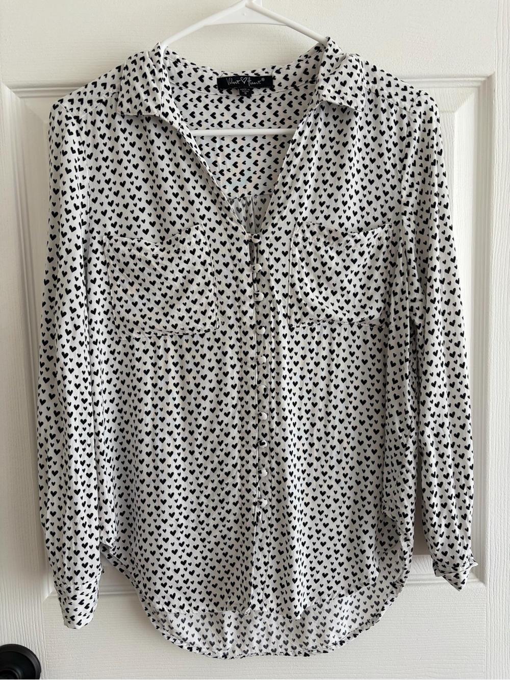 Velvet Heart White Button-Down Shirt with Black Heart Print